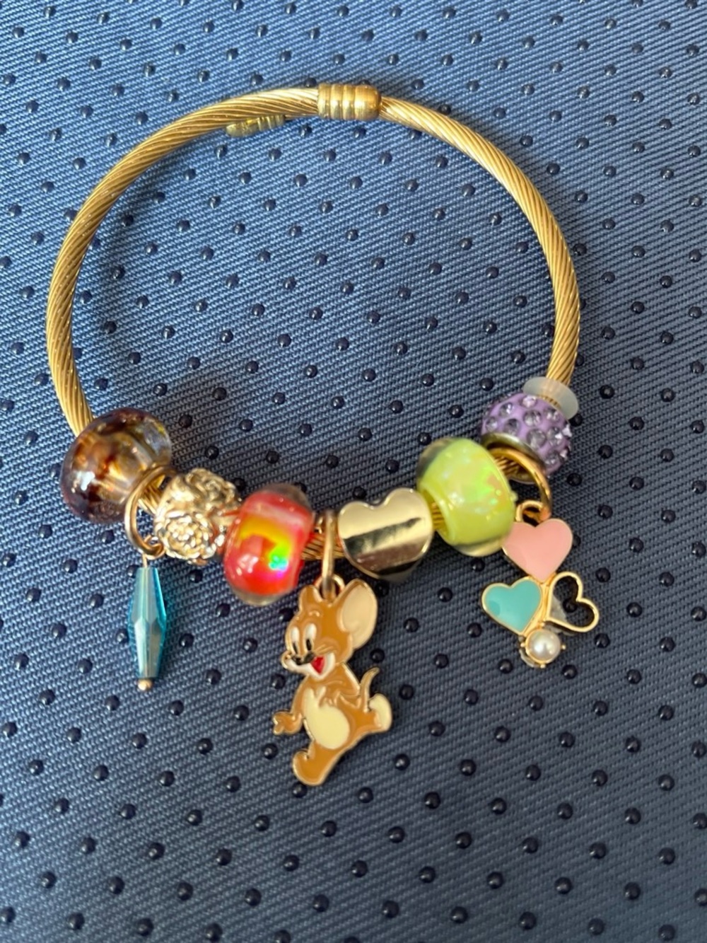 Gold Tone Kids Charm Bracelet with Colorful Beads and Heart Charms